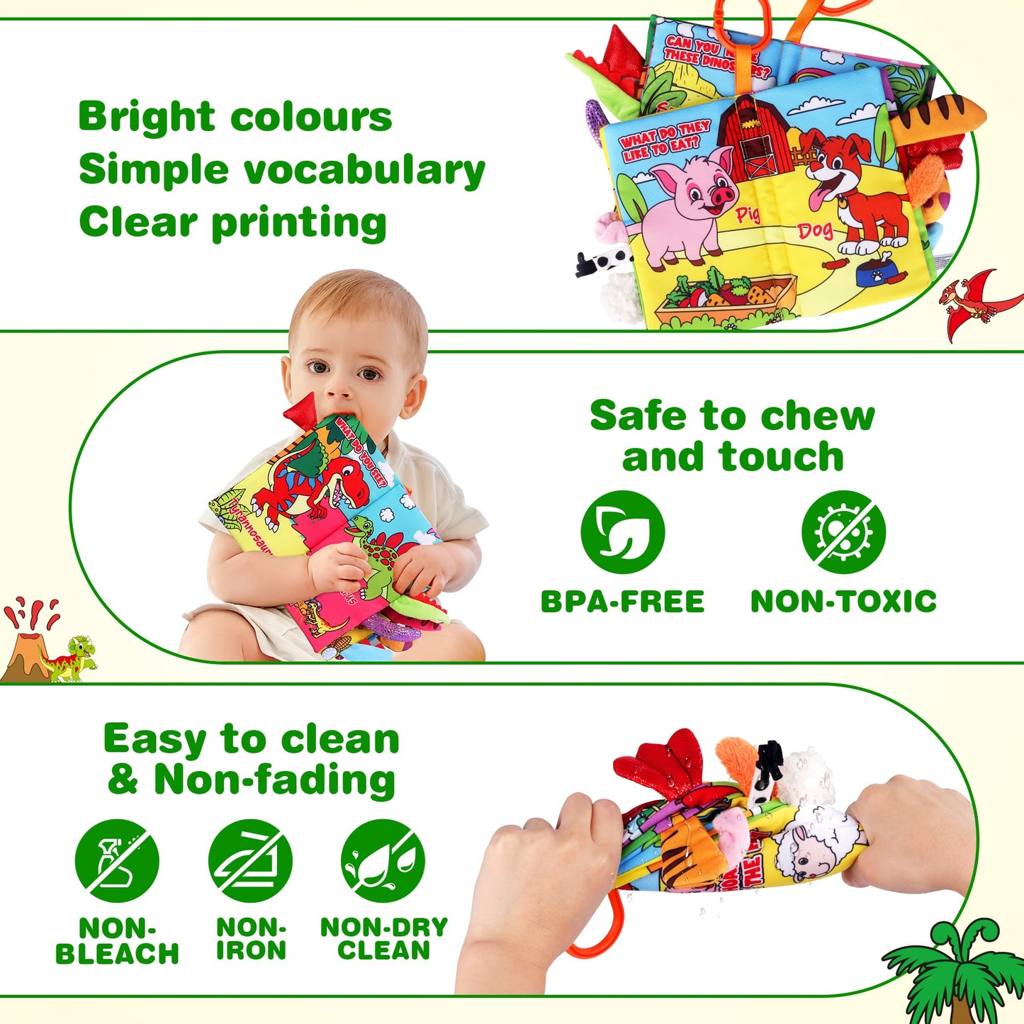 Helsort Soft Baby Books for 0-18 Months, 2PCS Crinkle Cloth Books - Dinosaur and Farm Themes, Tummy Time Toys for Infants 0-6-12
