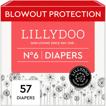LILLYDOO Baby Diapers - Size 6 (29+ lbs), Half-Monthly Supply (57 Count), Leak Protection, Skin-Friendly, Ultrasoft, Perfume- & 