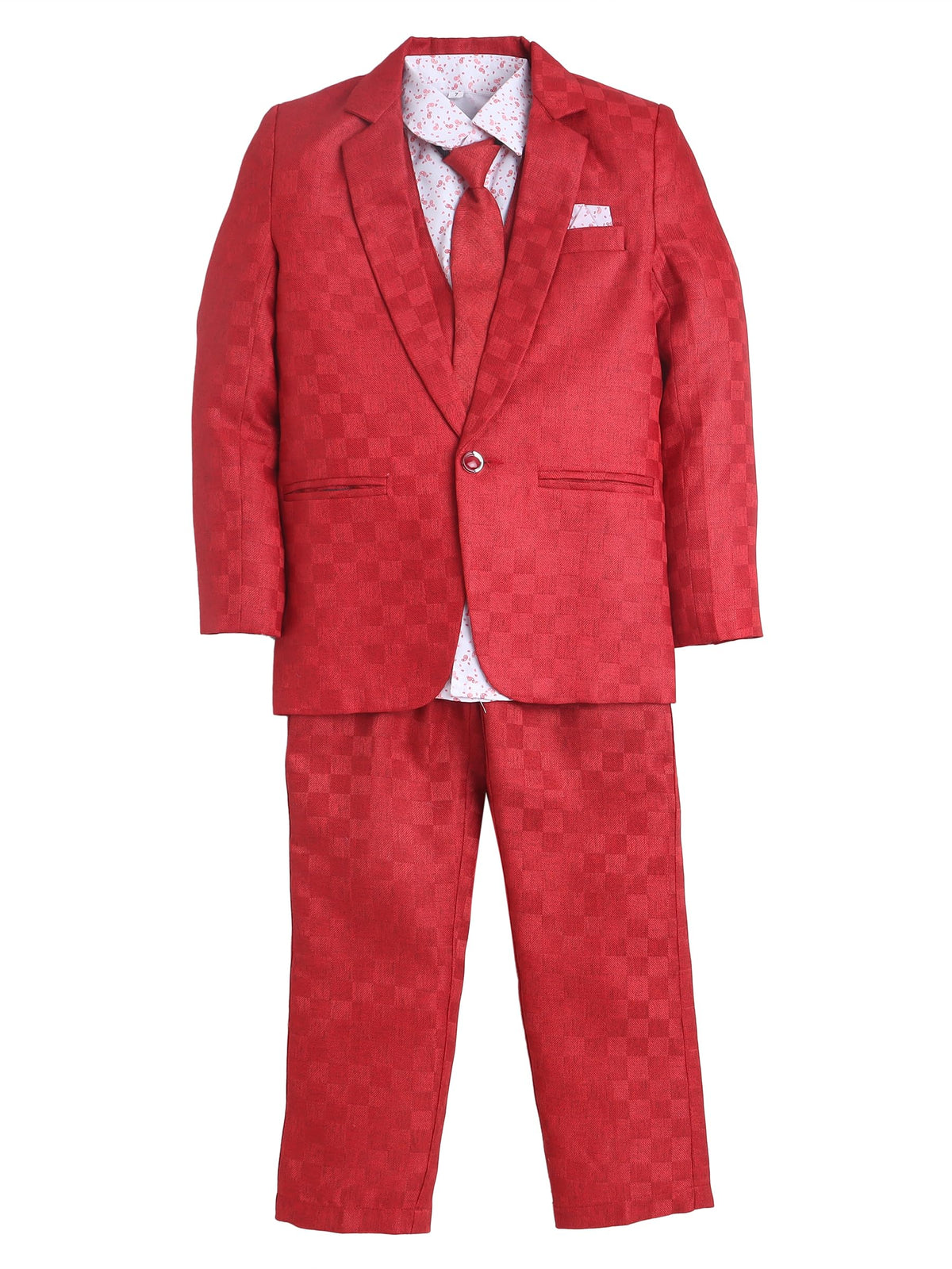 Jeetethnics Boys Red Checked Coat Suit Set With Waistcoat Shirt And Trousers (9061Ahh)