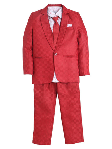 Jeetethnics Boys Red Checked Coat Suit Set With Waistcoat Shirt And Trousers (9061Ahh)