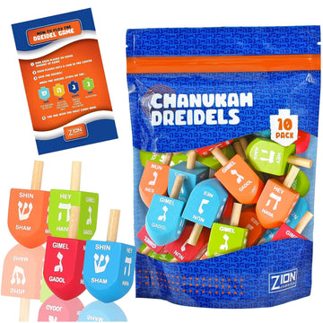 Zion Judaica Colored Wooden Dreidels 1.75' Medium Size Driedel 10 Pack Drydels In A Ziplock Bag Bulk Pack Colorful Dreidels Spi