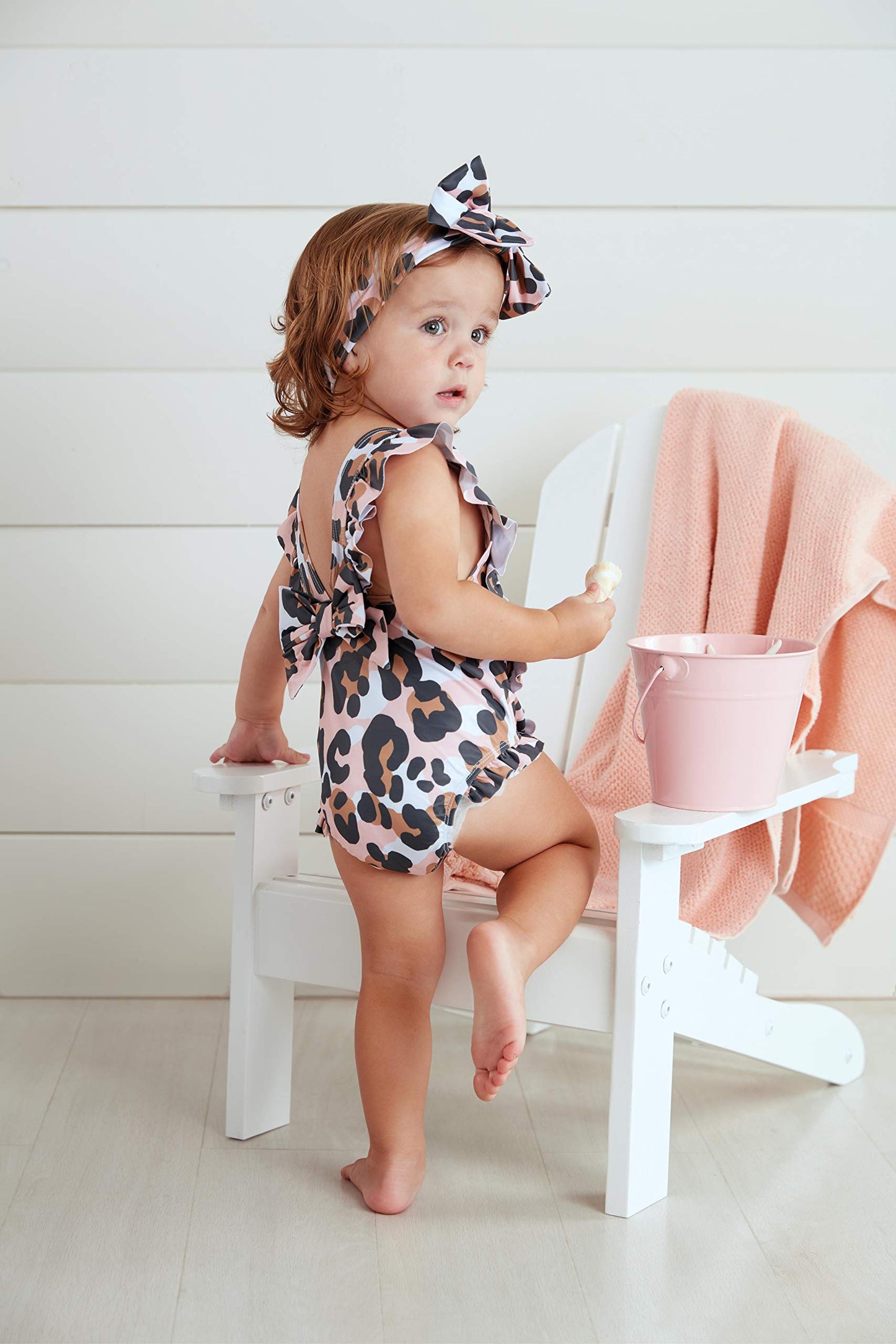 Mud Pie Girls' Leopard Swimsuit And Headband, Pink, 6-9 Months