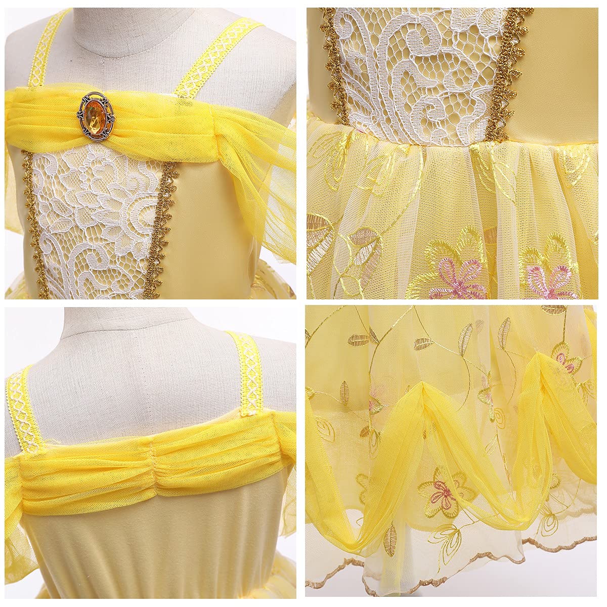 Fmyfwy Girls Belle Princess Fancy Dress Beauty And Beast Outfits Halloween Christmas Wedding Birthday Lace Gown,Yellow 012,3T
