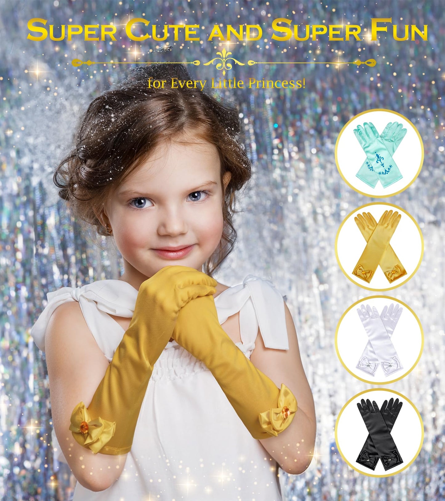 BIBUTY Princess Gloves for Little Girls Toddler Dress Up Gloves, Princess Dress Up Accessories Gold, Costume Set Toy Gift for 3