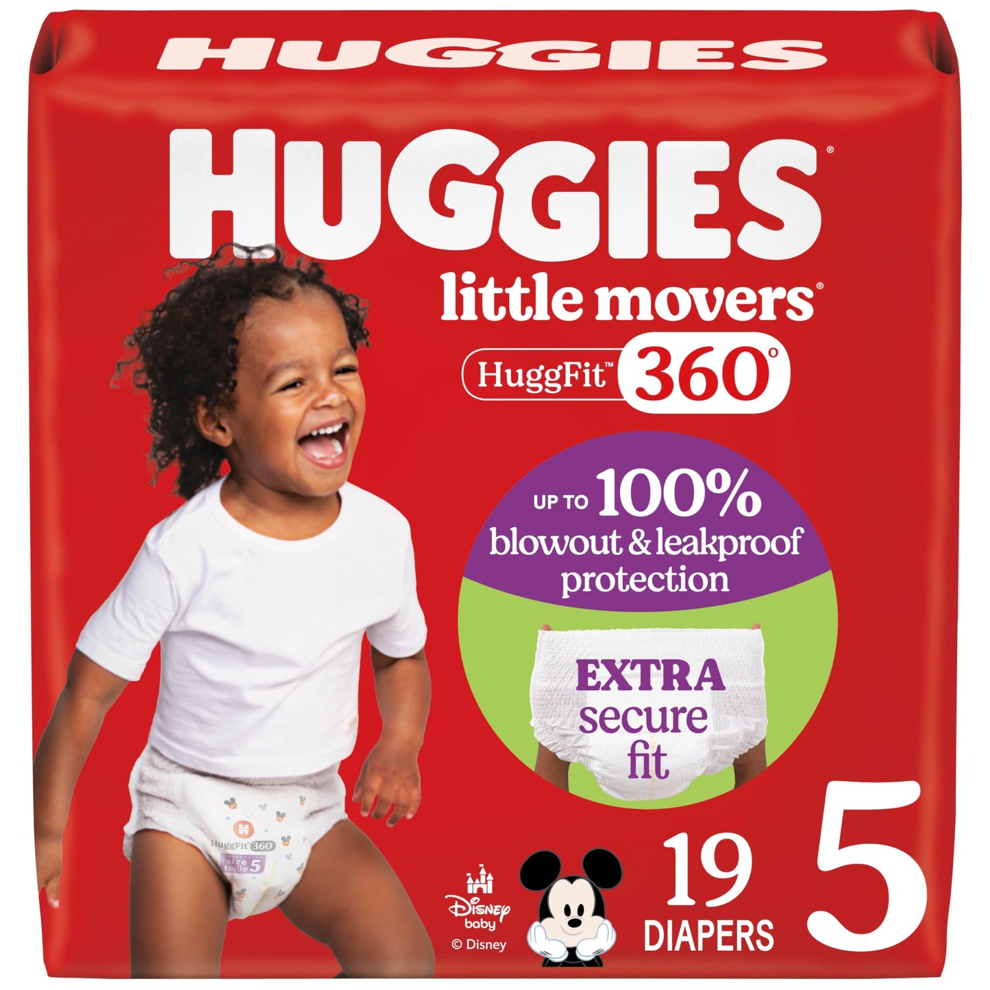 Huggies Size 5 Baby Diapers, Little Movers HuggFit 360 Baby Diapers with 360 Waistband, Size 5 (27+ lbs), 19 Count, Packaging Ma
