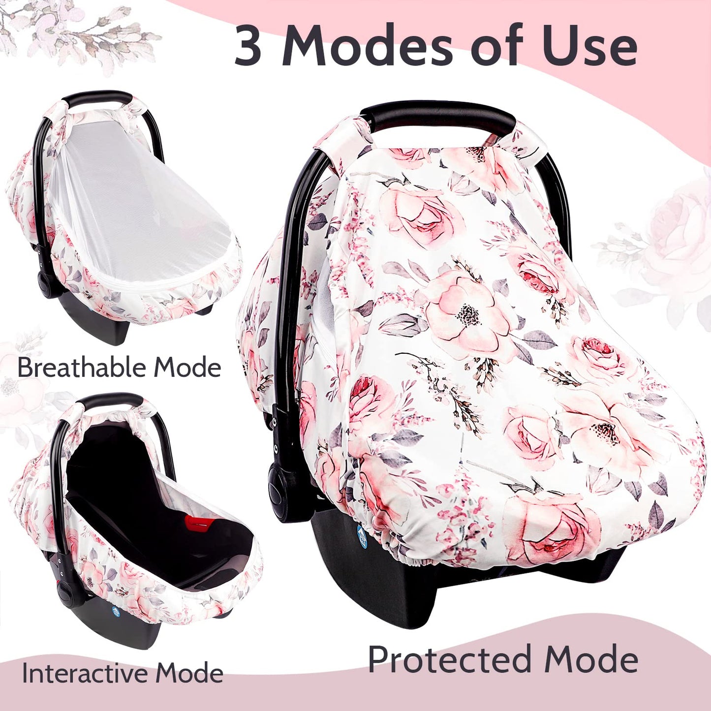 Carseat Cover Girls, Floral Baby Carseat Canopy With Zipper Mesh, Infant Stroller Cover, Watercolor Pink Flower
