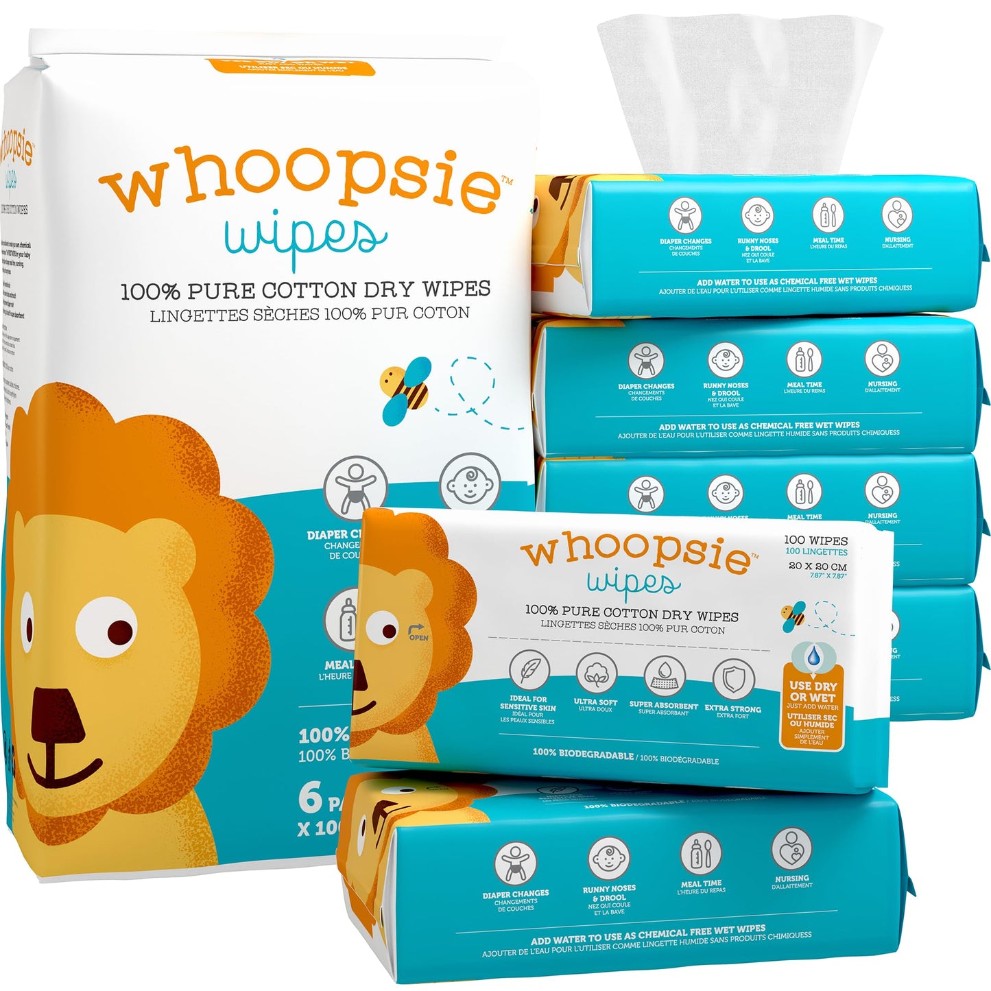 Whoopsie Wipes - The Original 100% Pure Cotton Dry Baby Wipes - Ultra Soft, Unscented, Chemical-Free Wipes for Sensitive Skin - 