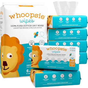 Whoopsie Wipes - The Original 100% Pure Cotton Dry Baby Wipes - Ultra Soft, Unscented, Chemical-Free Wipes for Sensitive Skin - 
