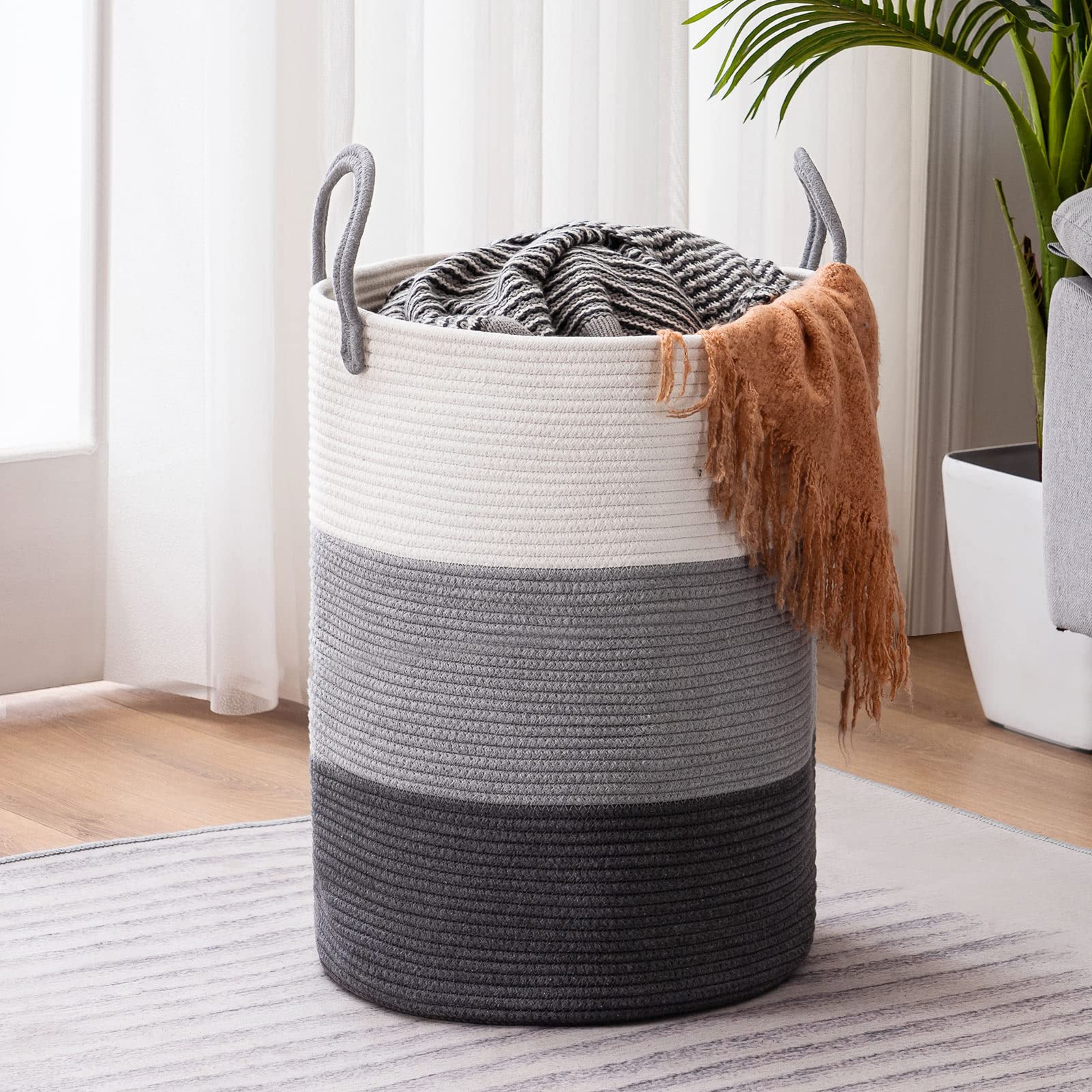 Youdenova Woven Rope Laundry Hamper Basket, 58L Tall Luandry Basket, Baby Nursery Hamper For Blanket Storage, Clothes Hampers Fo