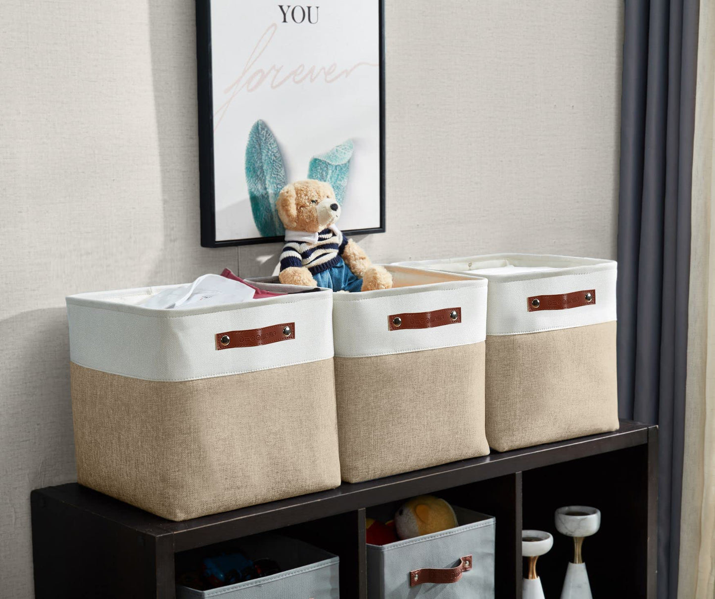 DECOMOMO 13 Inch Cube Storage Bins, Fabric Storage Cube, Basket for Kallax Shelves (Beige & White, Cube 13 - 4 Pack)