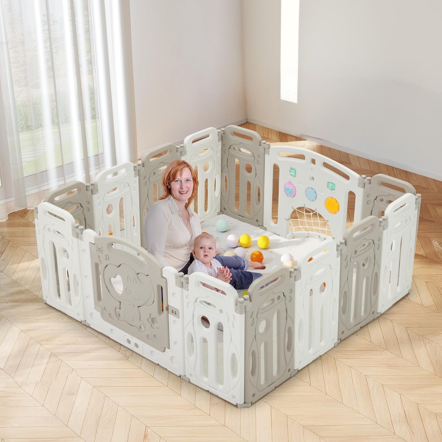 HOMMOW Baby Playpen,Foldable Plastic Playpen for Babies and Toddlers,14 Panels Fence with Lockable Door,Music Player,Soccer Net,