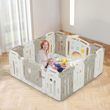 HOMMOW Baby Playpen,Foldable Plastic Playpen for Babies and Toddlers,14 Panels Fence with Lockable Door,Music Player,Soccer Net,