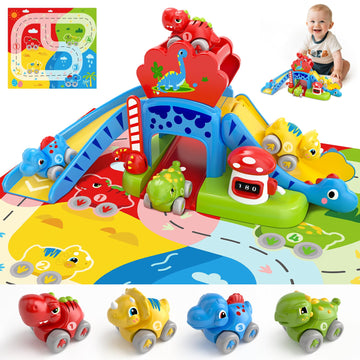 Toddler Toys for 1 2 Year Old Boy Gifts - Educational Dinosaur Slide Set with 4 Color/Number Push Cars and Playmat, Montessori L