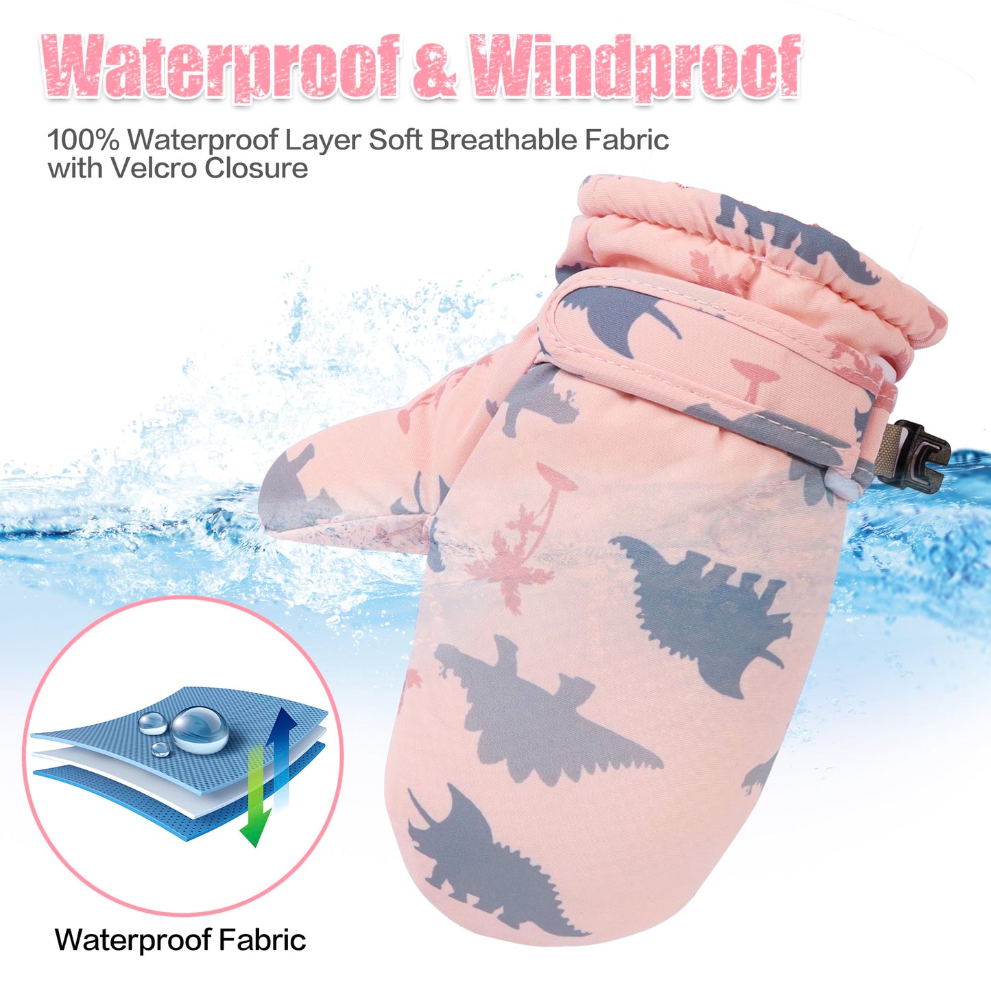 Fynnsure Toddler Mittens Baby Waterproof Snow Gloves Kids Ski Snow Gloves Cold Weather Mittens For Boys Girls Pink Dinosaur 4-6