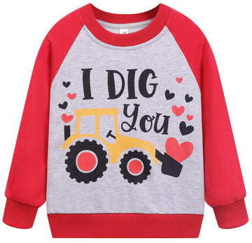 Akyzic Boys Valentines Day Clothes Toddler Heart Shirt Love Sweatshirt Toddler Boy Truck & Bulldozers Raglan Long Sleeve Pullove