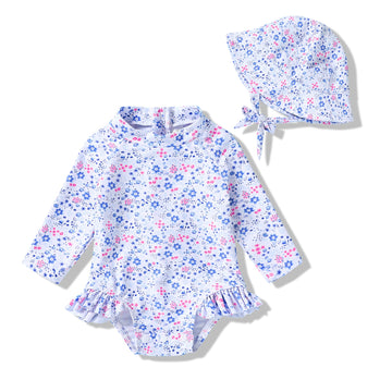 Infant Baby Girl Swimsuit One-Piece Long Sleeve Rash Guard With Hat Set Floral Zipper Bathing Suit Leopard Beach Wear (3-6 Month