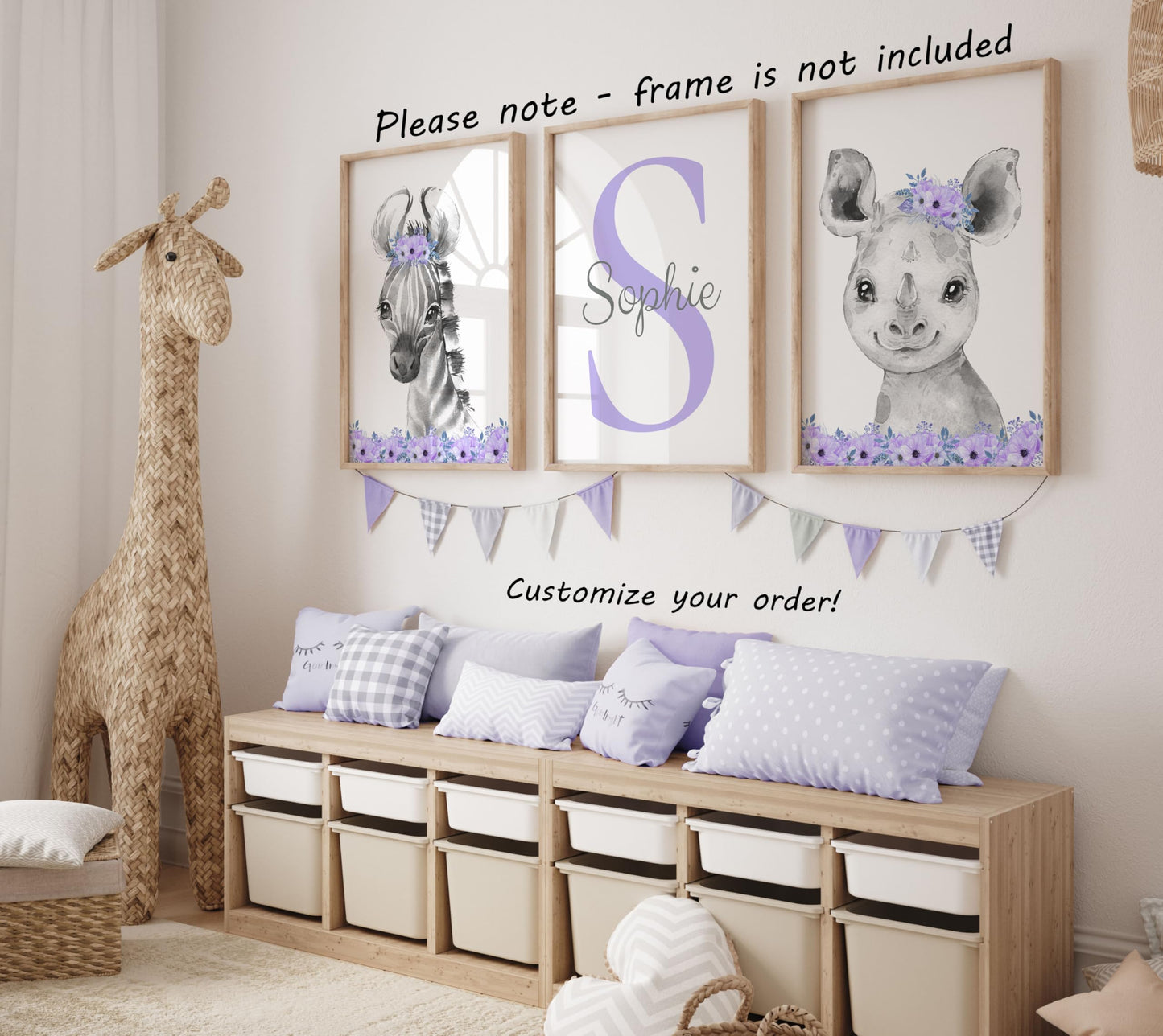 Safari Animals Girls Nursery Bedroom Unframed Set Of 3 Poster Prints, Personalized Name Pink Or Purple Flowers Wall Art Decor Ne