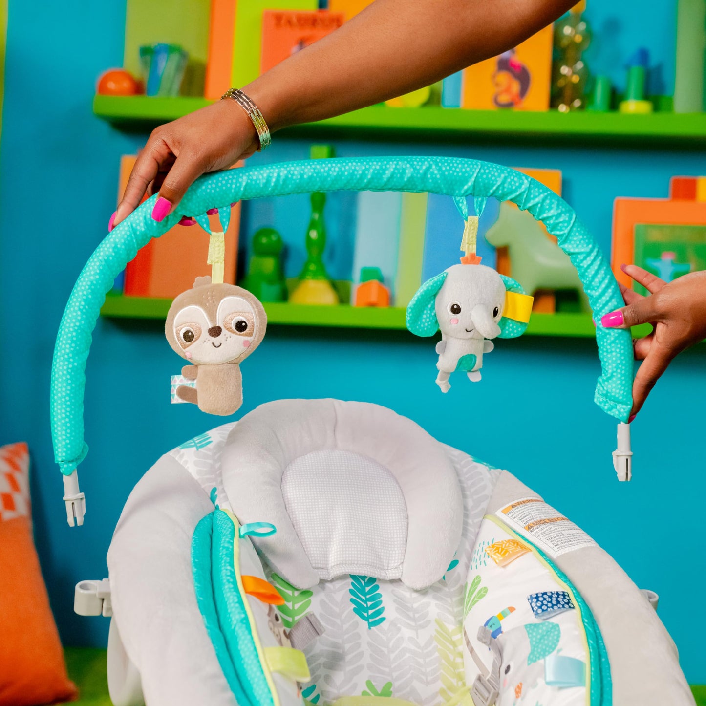 Bright Starts Comfy Baby Bouncer Soothing Vibrations Infant Seat - Taggies, Music, Removable Toy-Bar, 0-6 Months Up To 20 Lbs (J