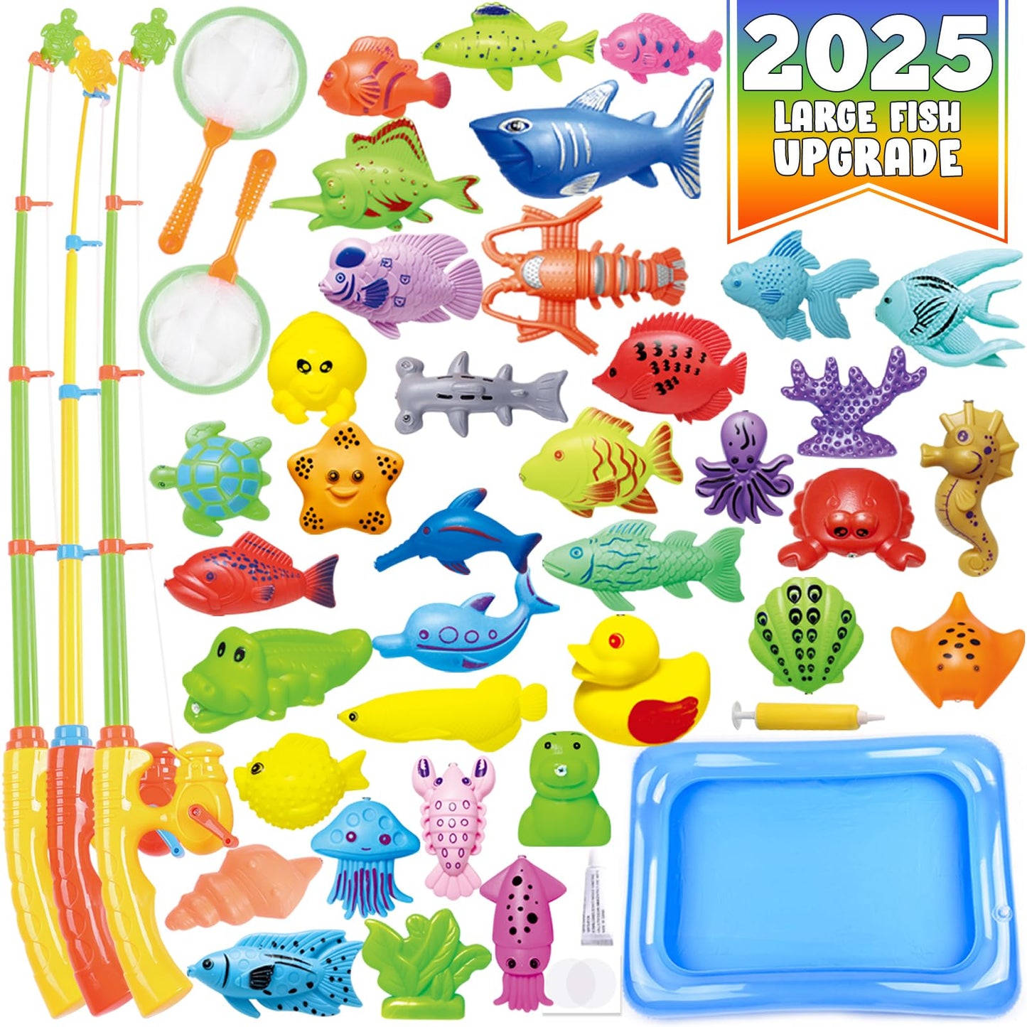 CozyBomB Kids Pool Fishing Toys Games | Summer Magnetic Floating Toy Magnet Pole Rod Fish Net Water Table Bathtub Bath Game, Lea