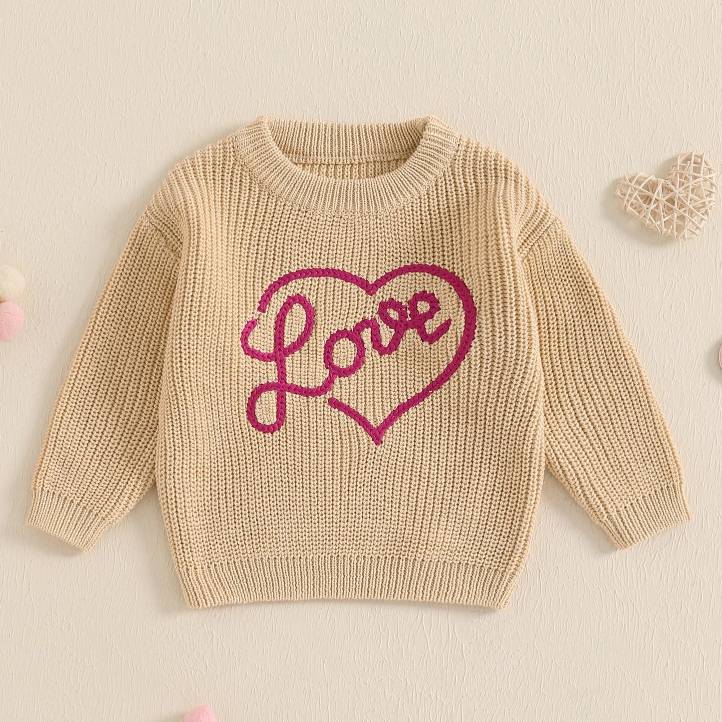 Nokpsedcb Baby Girl Cute Long Sleeve Heart Flowers Embroidery Oversized Sweater Toddler Valentine Outfit (Khaki Love, 0-3 Months