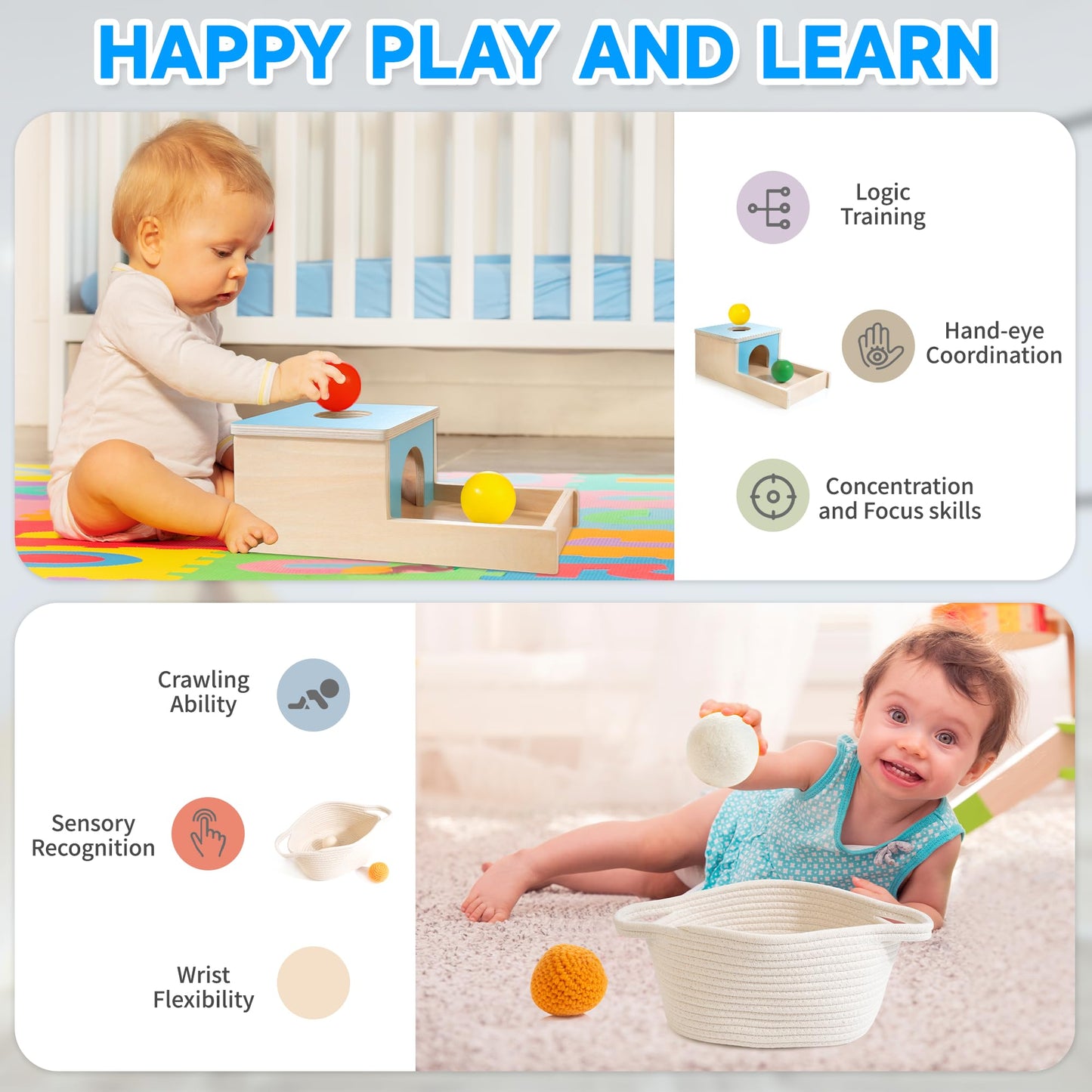 WOODMAM Montessori Toys for Babies 6-12 Months, 9 in 1 Educational Wooden Toys Set, Includes Object Permanent Box, Stacking Cups