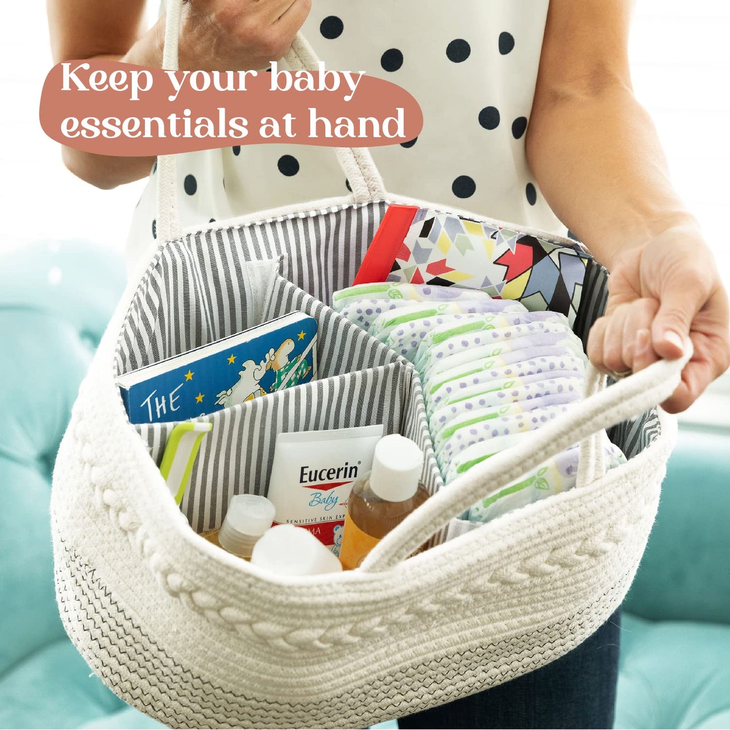 Luxury Little Diaper Caddy Organizer, Large Cotton Rope Nursery Baby Basket, Changing Table Organizer For Baby Diaper Storage, P