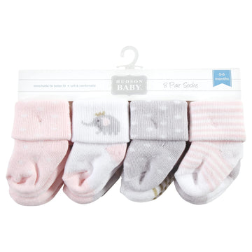 Hudson Baby Unisex Baby Cotton Rich Newborn And Terry Socks, Pink Gray Elephant, 0-6 Months