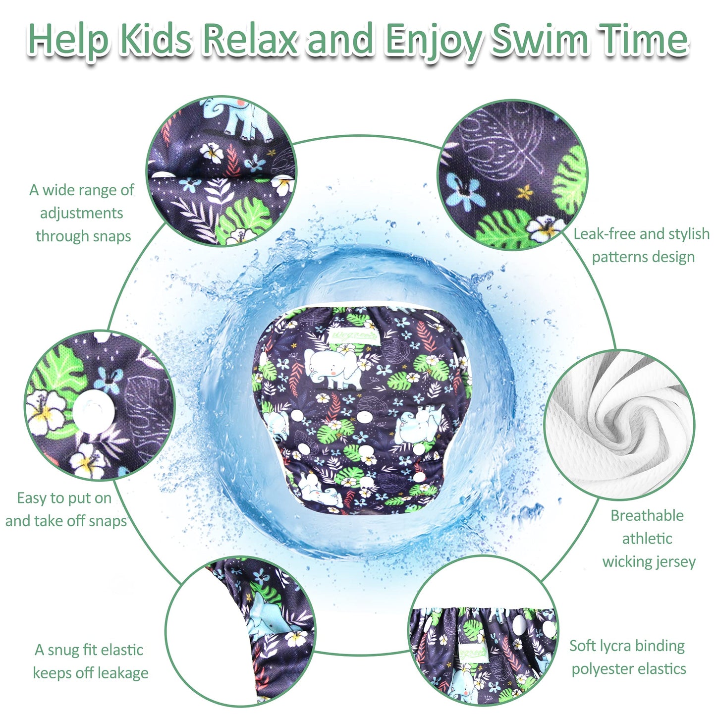 Wegreeco Baby & Toddler Snap One Size Adjustable Reusable Baby Swim Diaper (Plant, Small, 3 Pack)