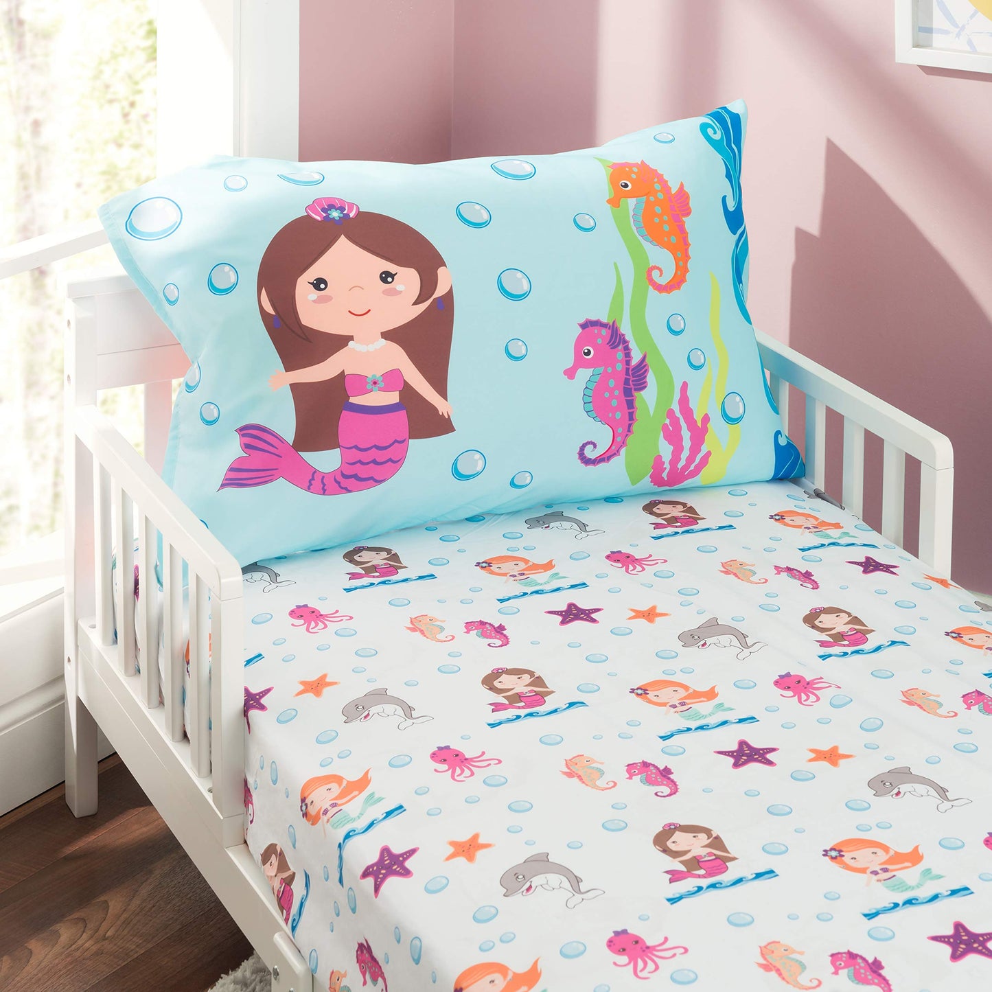 Everyday Kids 3-Piece Toddler Fitted Sheet, Flat Sheet And Pillowcase Set - Mermaids Undersea Adventures - Soft Breathable Micro