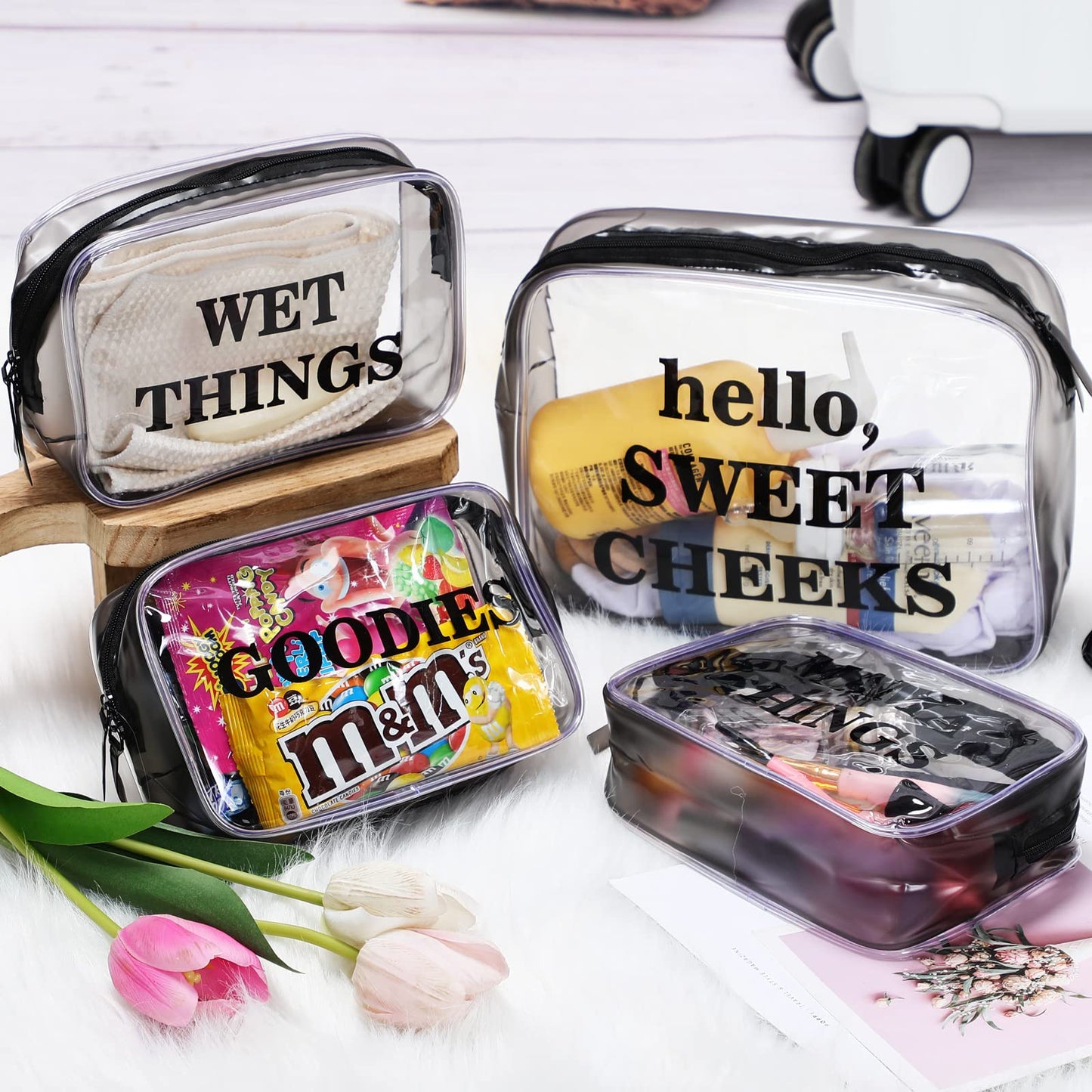 4 Packs Diaper Bag Organizer Pouches Set Clear Pvc Travel Diaper Bag Waterproof Zippered Makeup Bag Dry Wet Bag (Black)