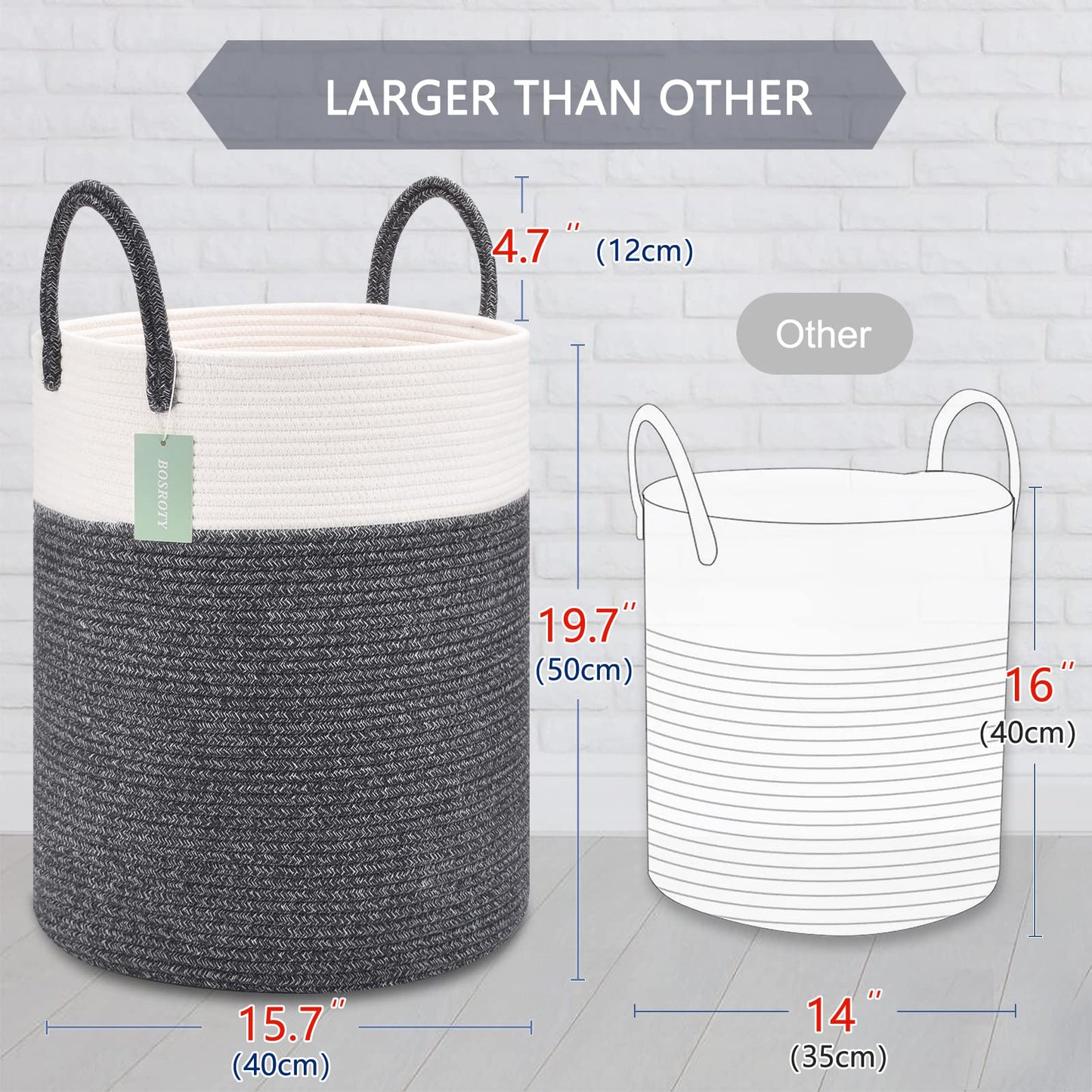 Bosroty Large Laundry Hamper Basket For Clothes 65L, Nursery Hamper, Blanket Basket, Clothes Basket Laundry, Tall Rope Baskets,