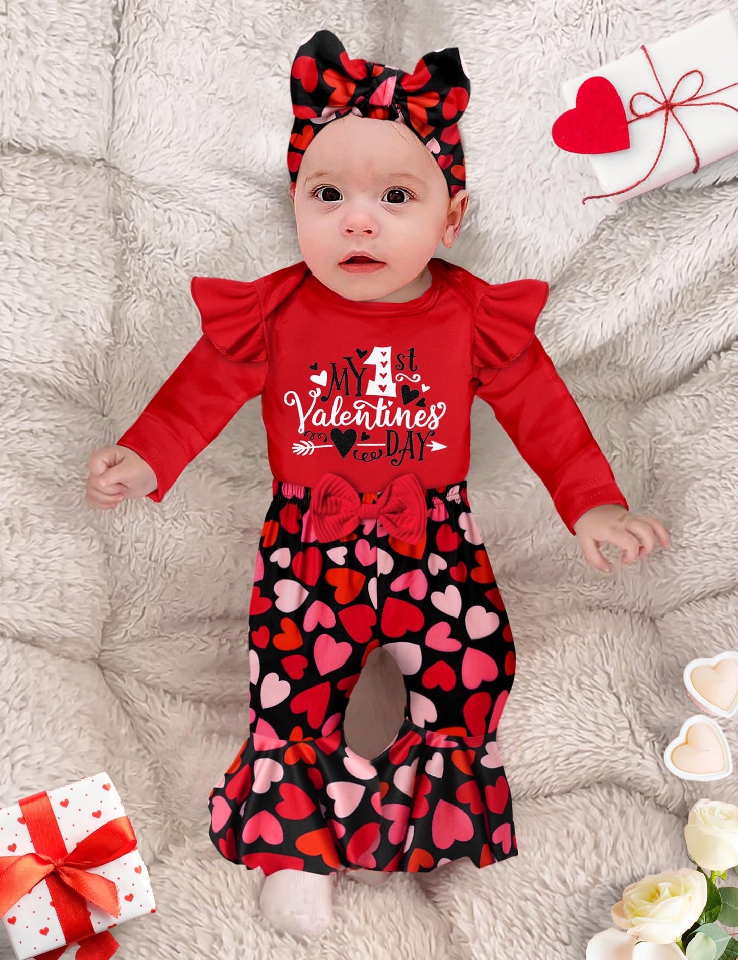 Adifun Baby Girl Valentines Day Outfit 0-3 Months My First Valentines Day Valentines Baby Girl Outfit Romper + Bell Pants 3Pcs S