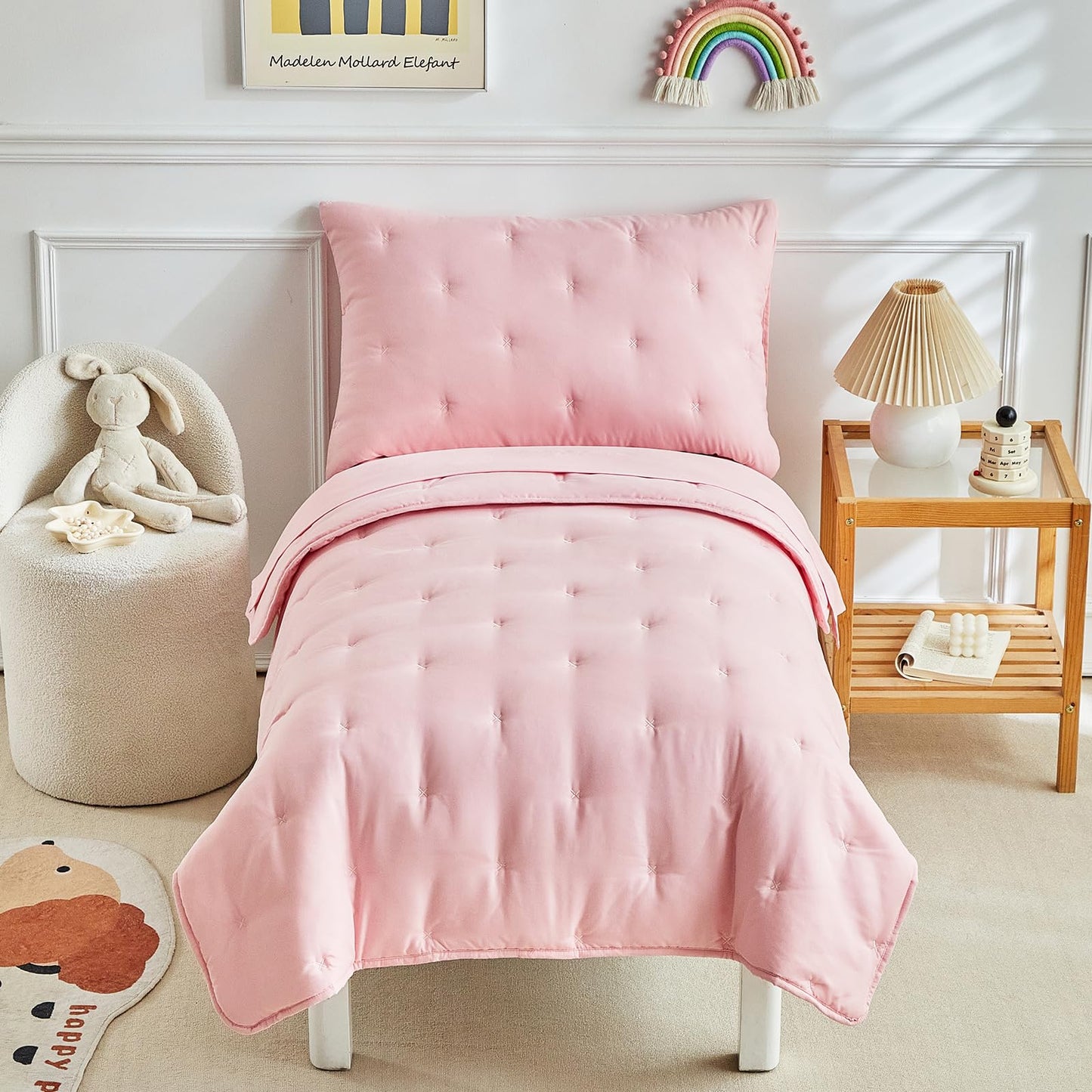Dushow 4 Piece Toddler Bedding Set For Girls,Embroidery Crib Bed Comforter Set,Includes Toddler Bed Comforter,Fitted Sheet,Flat