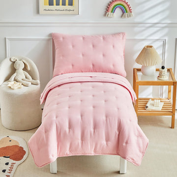 Dushow 4 Piece Toddler Bedding Set For Girls,Embroidery Crib Bed Comforter Set,Includes Toddler Bed Comforter,Fitted Sheet,Flat