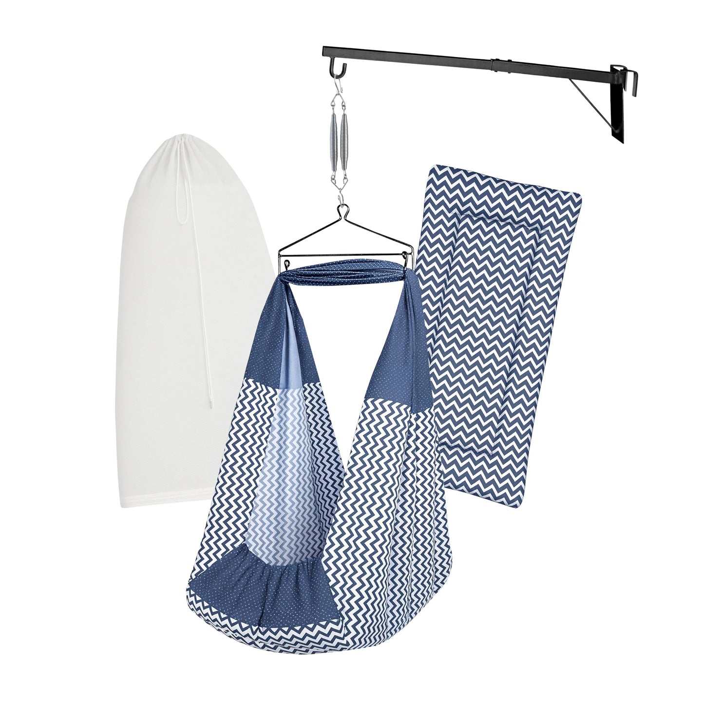 Beetot Baby Set | Pure Cotton Cloth, Removal Pad, Mosquito Net, Spring, Triangle And Window Hanger | Fs- (Navy, Stripe Design)
