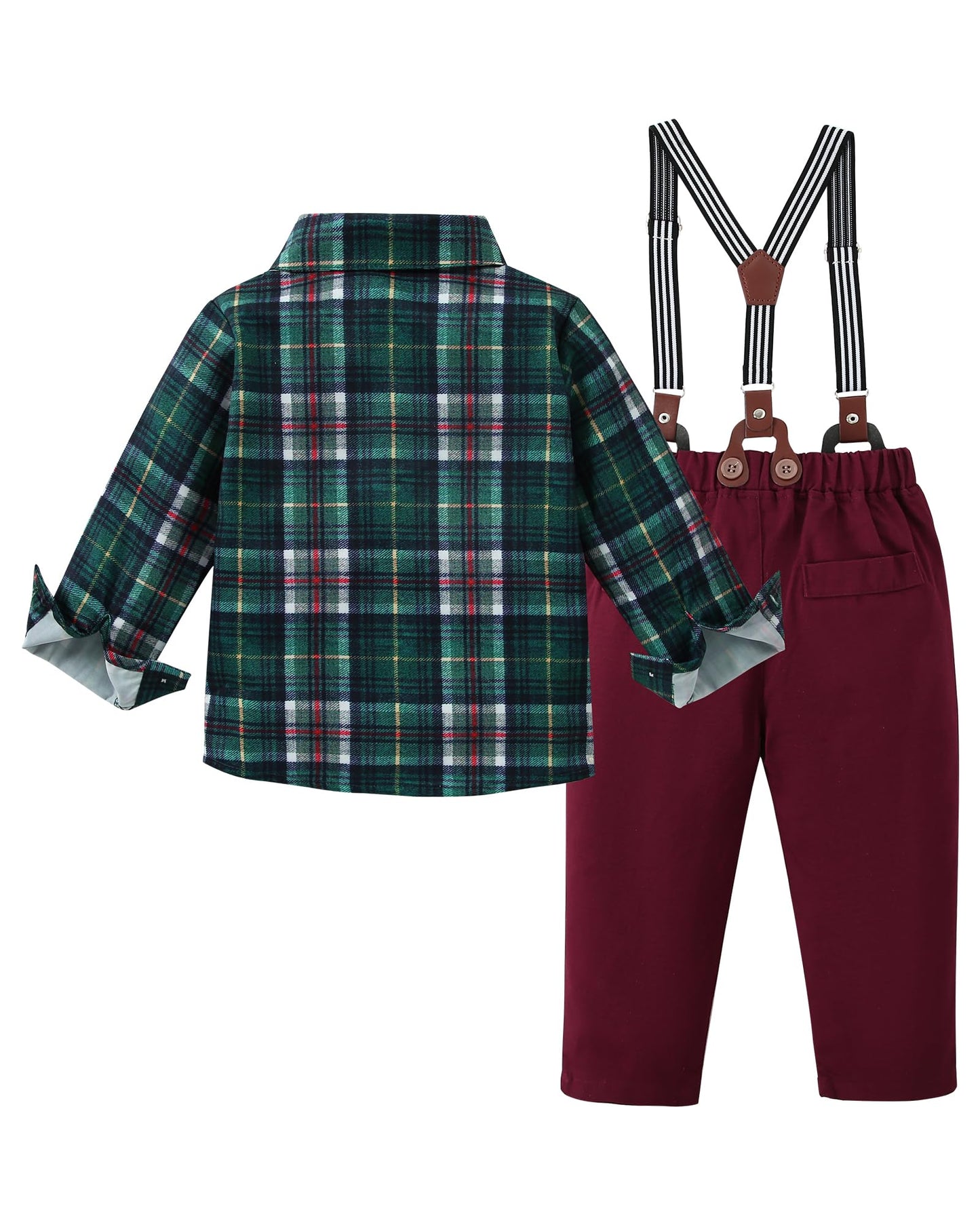 Yallet Toddler Baby Boy Clothes Suit Gentleman Outfits Formal Dress Shirt + Bowtie + Suspender Pants Wedding Party(L Red-Checker