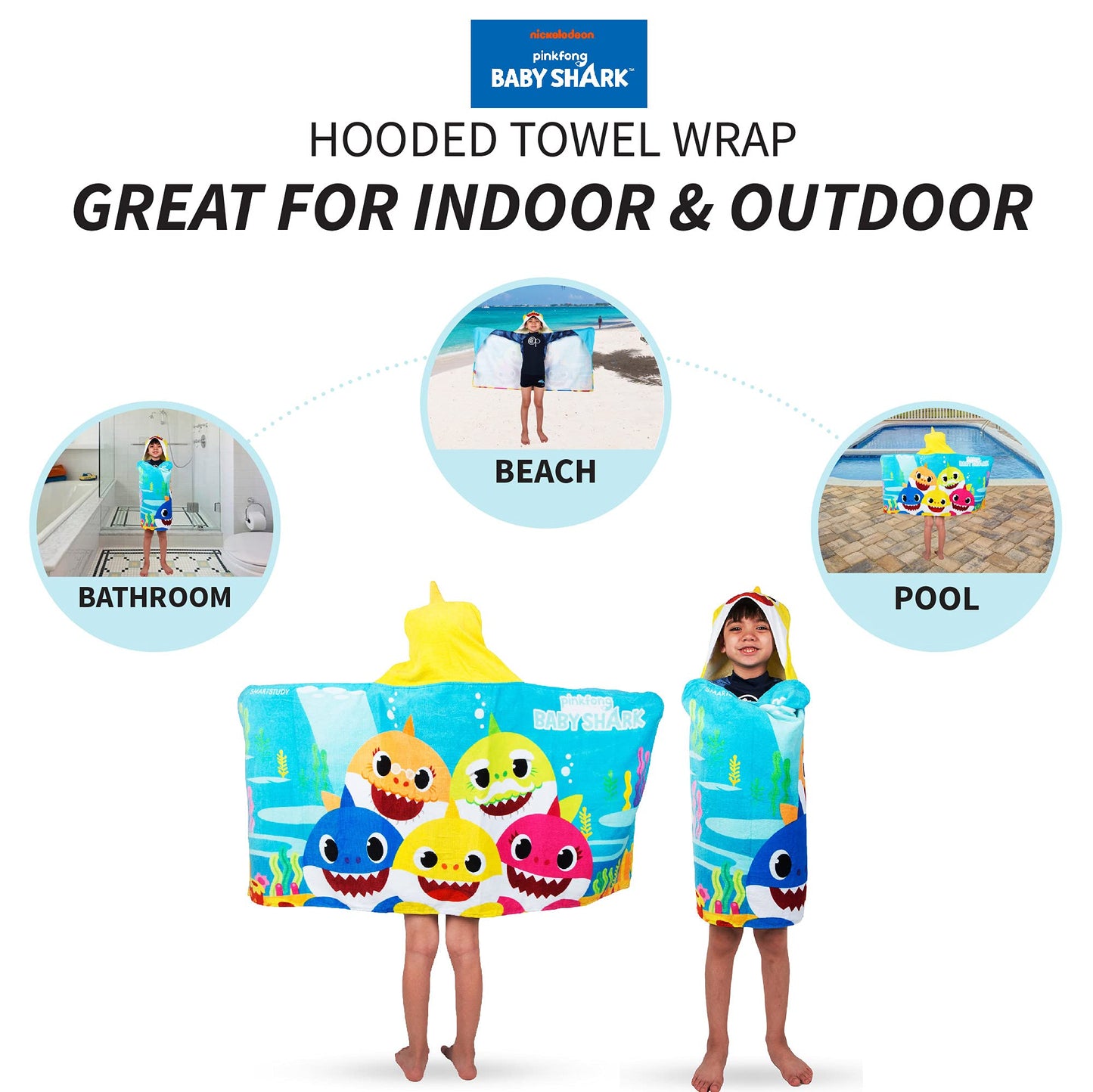 Franco Kids Bath And Beach Soft Cotton Terry Hooded Towel Wrap, 24' X 50', Baby Shark