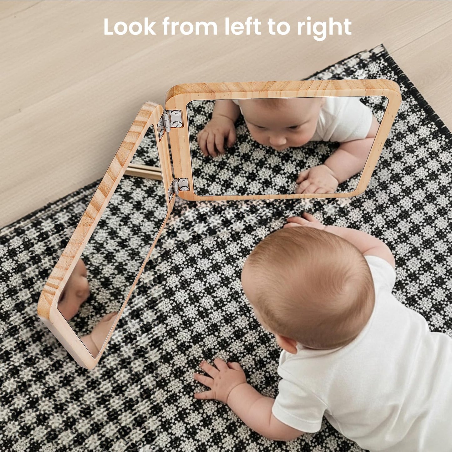 Woodtoe Tummy Time Mirror for Infant, 0-180 Adjustable Baby Mirrors with 15 Black and White Educational Cards, Shatterproof & Po
