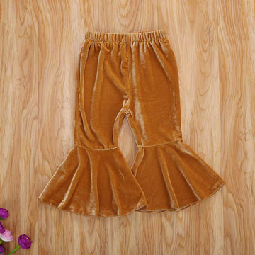 Goocheer Kids Toddler Little Baby Girl Fall Winter Velvet Bell Bottom Flare Pants Ruffle Leggings Trousers (Velvet-Golden, 5-6Ye