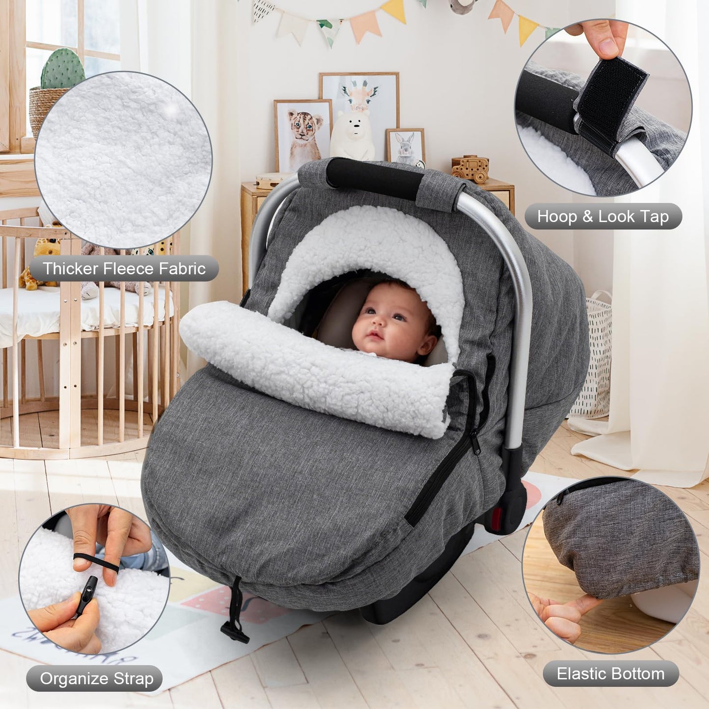 Winter Baby Car Seat Cover, Carseat Cover with Plush Sherpa Fleece Lining, Infant Car Seat Canopy with Peeping Window & Huge Spa