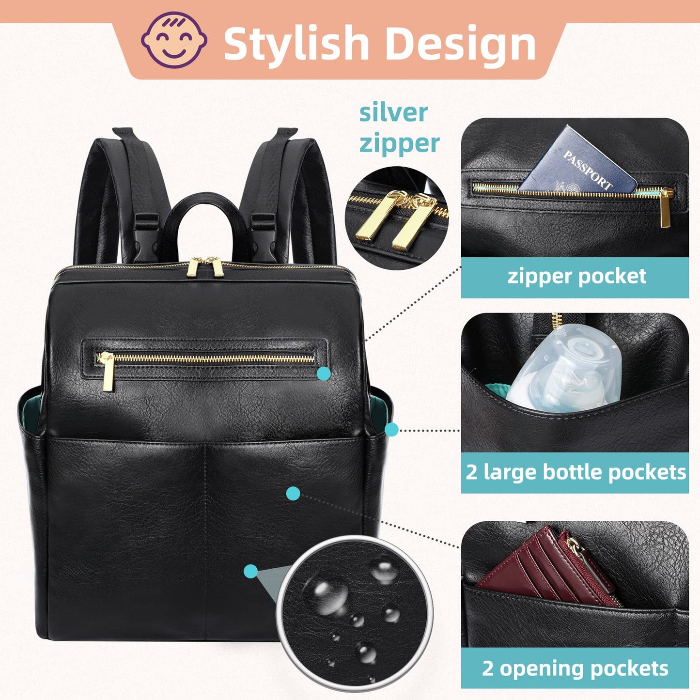 Mominside Diaper Bag Backpack, Leather Backpack With 16 Pockets For Mom Dad, Baby Registry Search, Fits 15 Inch Laptop, 4 Insula