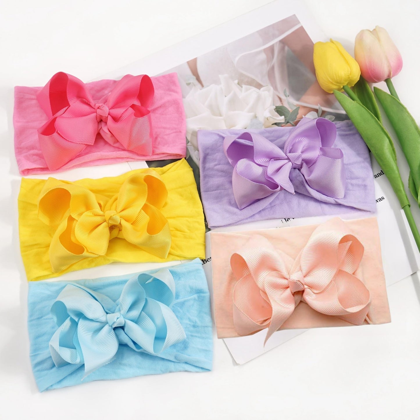 Yxiang 20Pcs Baby Girl Bows Headbands, 4' Infant Bows Headbands Super Elastics Nylon Hairbands Cute Handmade Ribbon Bows For Ba