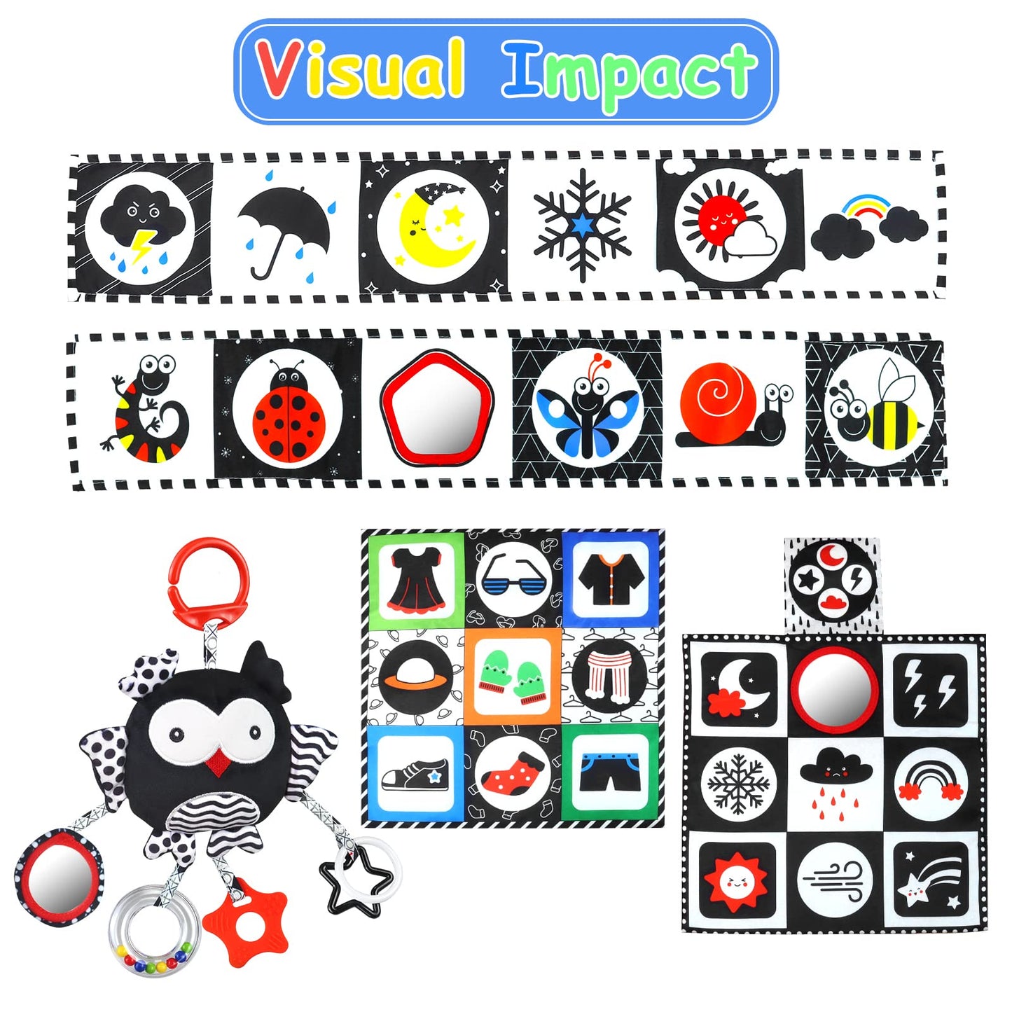 Black and White High Contrast Baby Toys 0-6 Months with Mirror, Crinkle and Rattles, Soft Baby Toys for Brain Development Montes