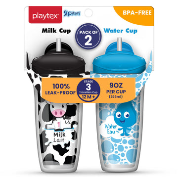 Playtex Baby Sipsters Stage 3 Spill-Proof, Leak-Proof, Insulated Toddler Straw Sippy Cups - Milk And Water, 9 Oz, 2 Count