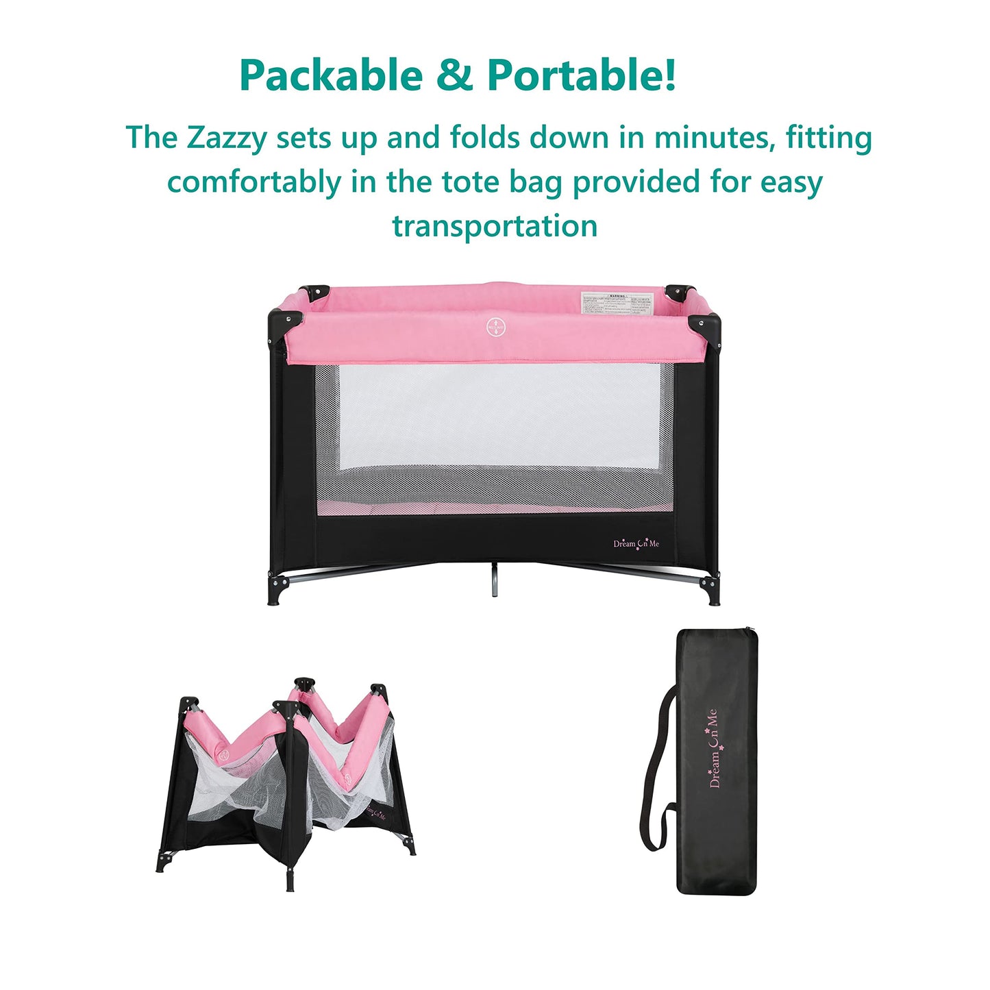 Dream On Me Zazzy Portable Playard with Bassinet in Pink, Packable and Easy Setup Baby Playard, Lightweight and Portable Playard