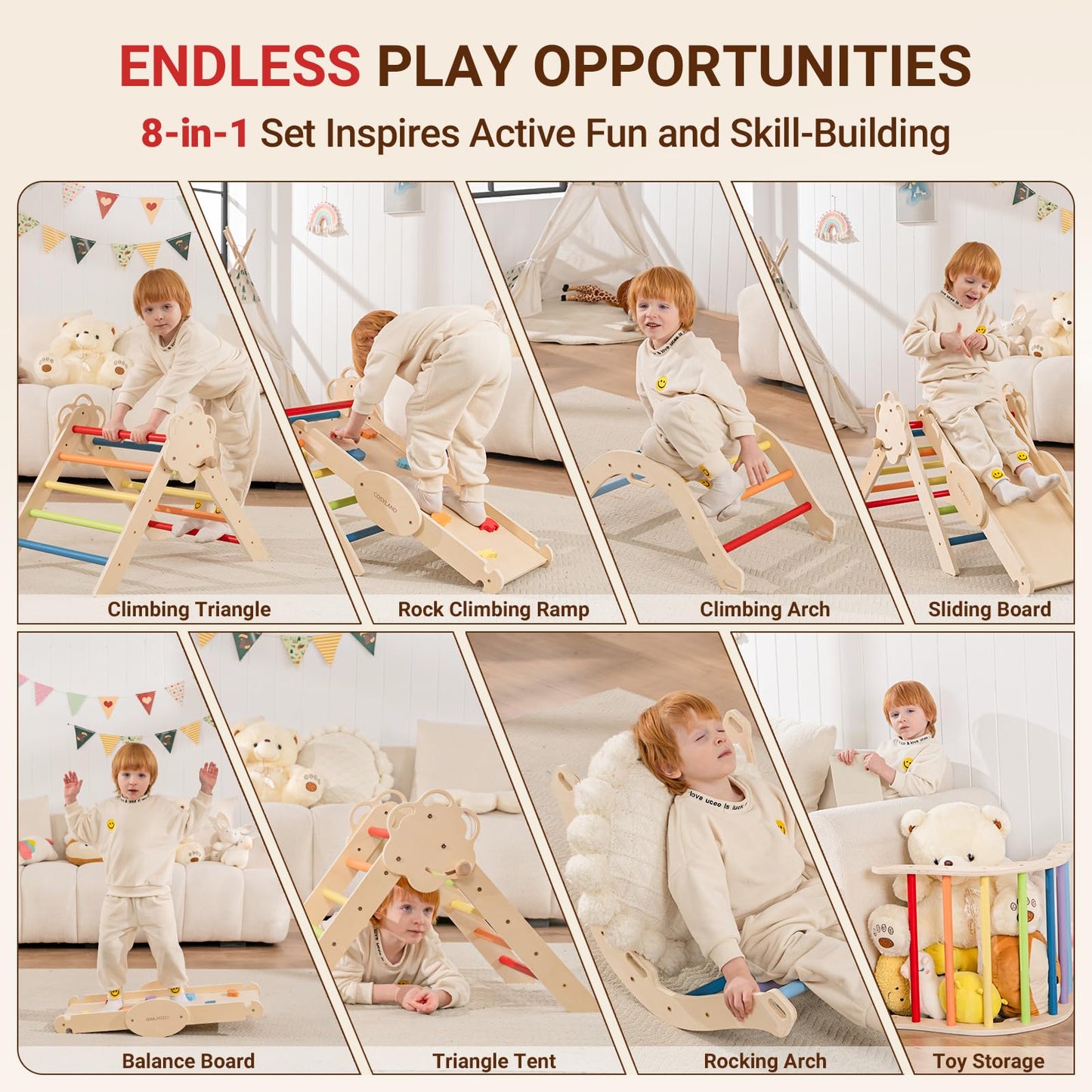 Cosyland Pikler Triangle Set - 8 In 1 Montessori Climbing Toys For Toddlers 18M-3Y, Foldable Wooden Indoor Jungle Gym & Playgrou