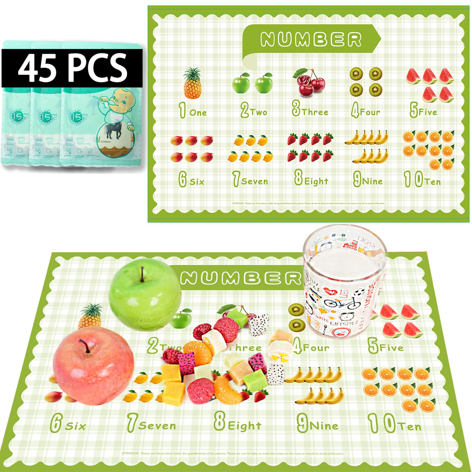 KAshack 45 Pack Sticky Disposable Placemats for Baby & Toddlers,Cute Number Fruit Toddler Placemat 12x18 Kids Table Mat for Part