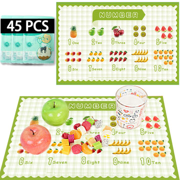KAshack 45 Pack Sticky Disposable Placemats for Baby & Toddlers,Cute Number Fruit Toddler Placemat 12x18 Kids Table Mat for Part