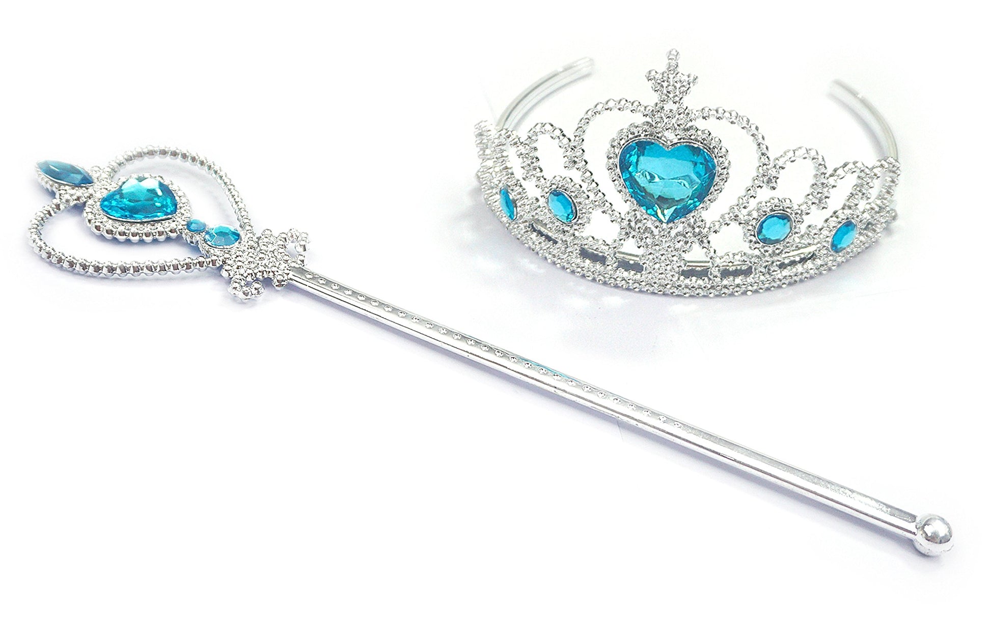 Kuzhi Frozen Crown Tiara And Wand Set - Silver Heart Jewel (Blue)