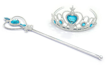 Kuzhi Frozen Crown Tiara And Wand Set - Silver Heart Jewel (Blue)